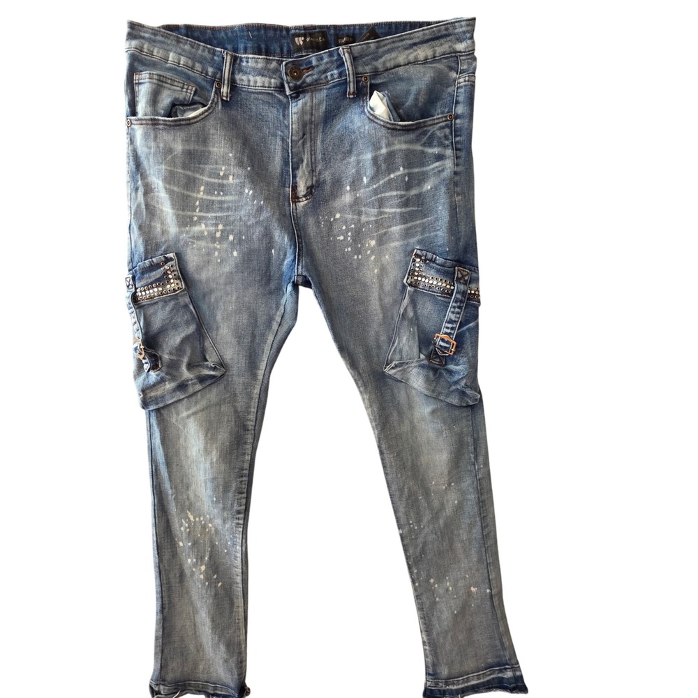 Waimea‎ Staked Fit Jeans Mens Grunge 38 Splatter Denim Cargo Rhinestone Studs